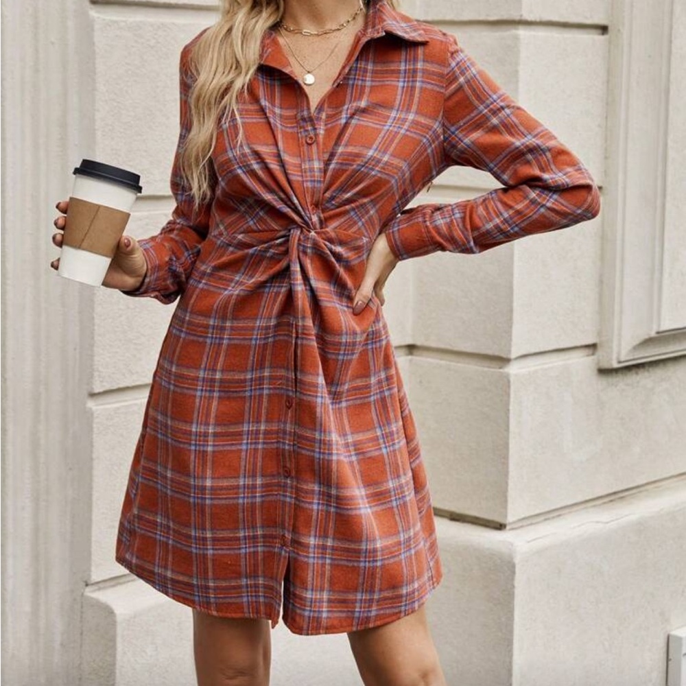 SHEIN Orange Plaid Long Sleeve Dress